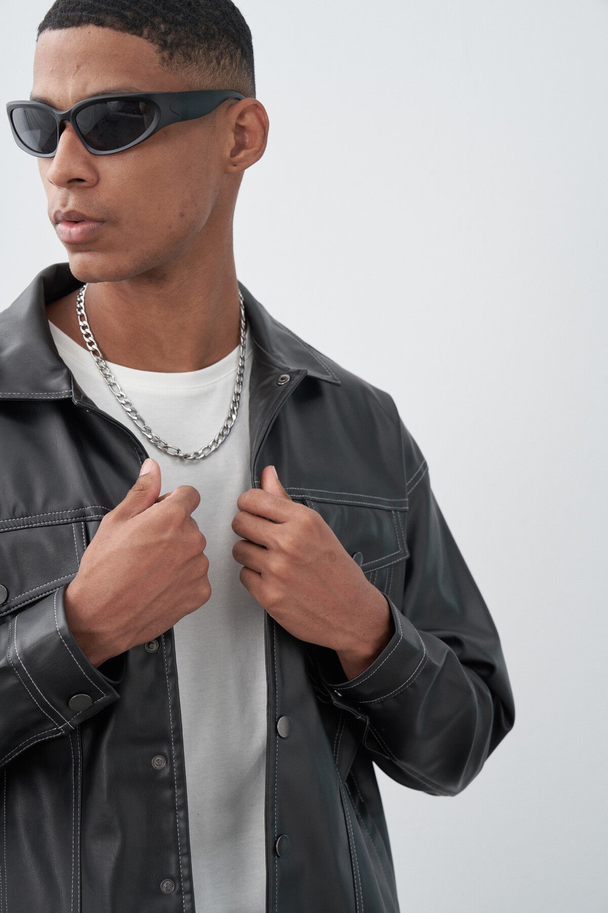 Oversized Leather Jacket with Black Stitching Details