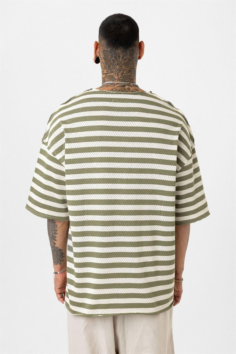 Striped Oversized Knit T-Shirt, Khaki