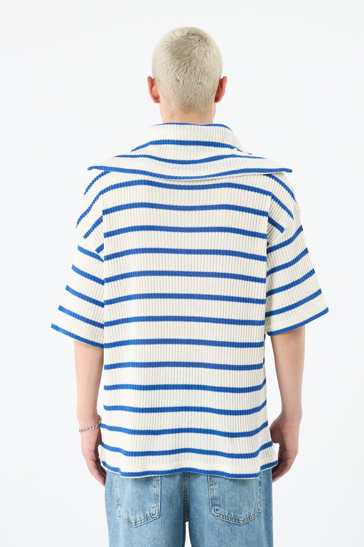 Oversized Striped Sweatshirt with Zipper Collar