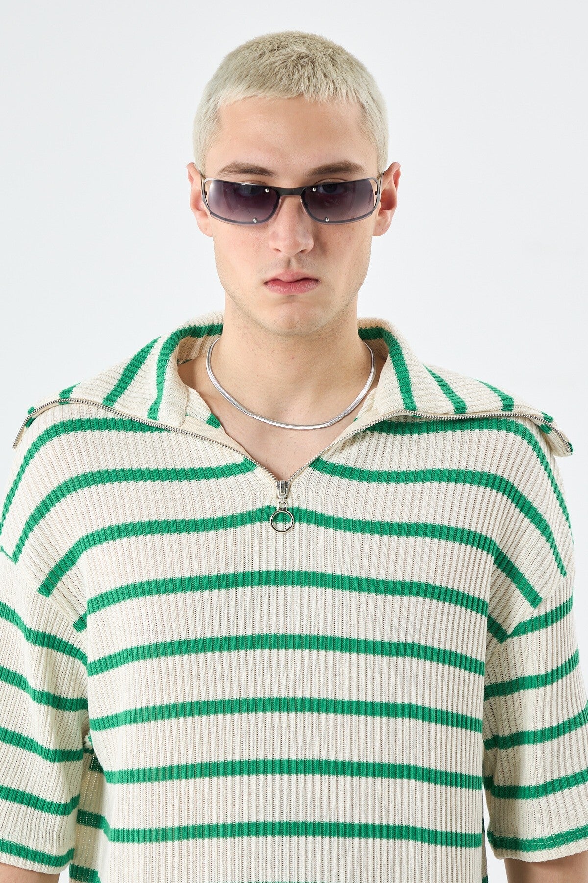 Oversized Striped Sweatshirt with Zipper Collar