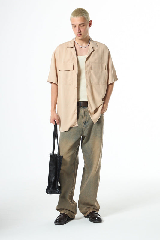 Oversized Short-Sleeve Linen Shirt with Two Pockets