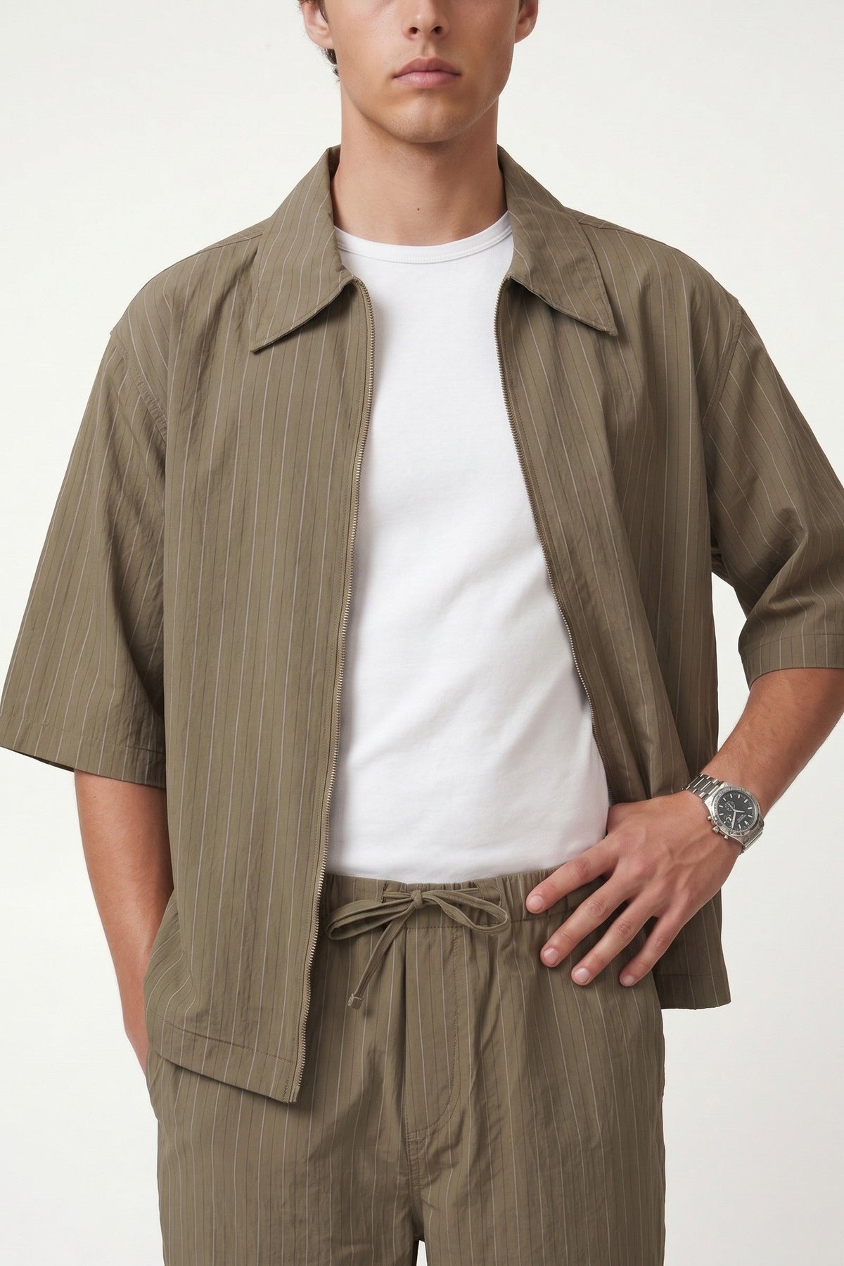 Lyocell-Blend Striped Linen Shirt with a Zipper