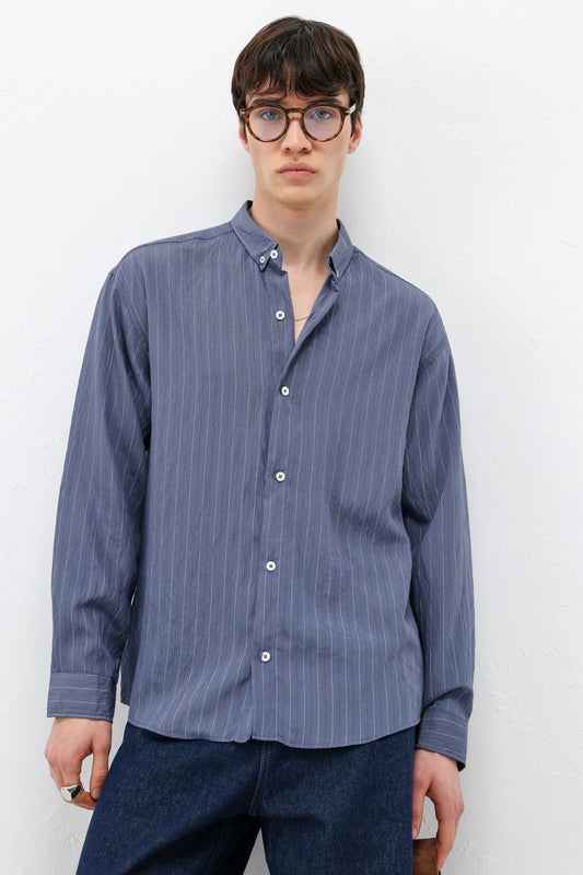 Oversized Shirt in Striped Lyocell Fabric