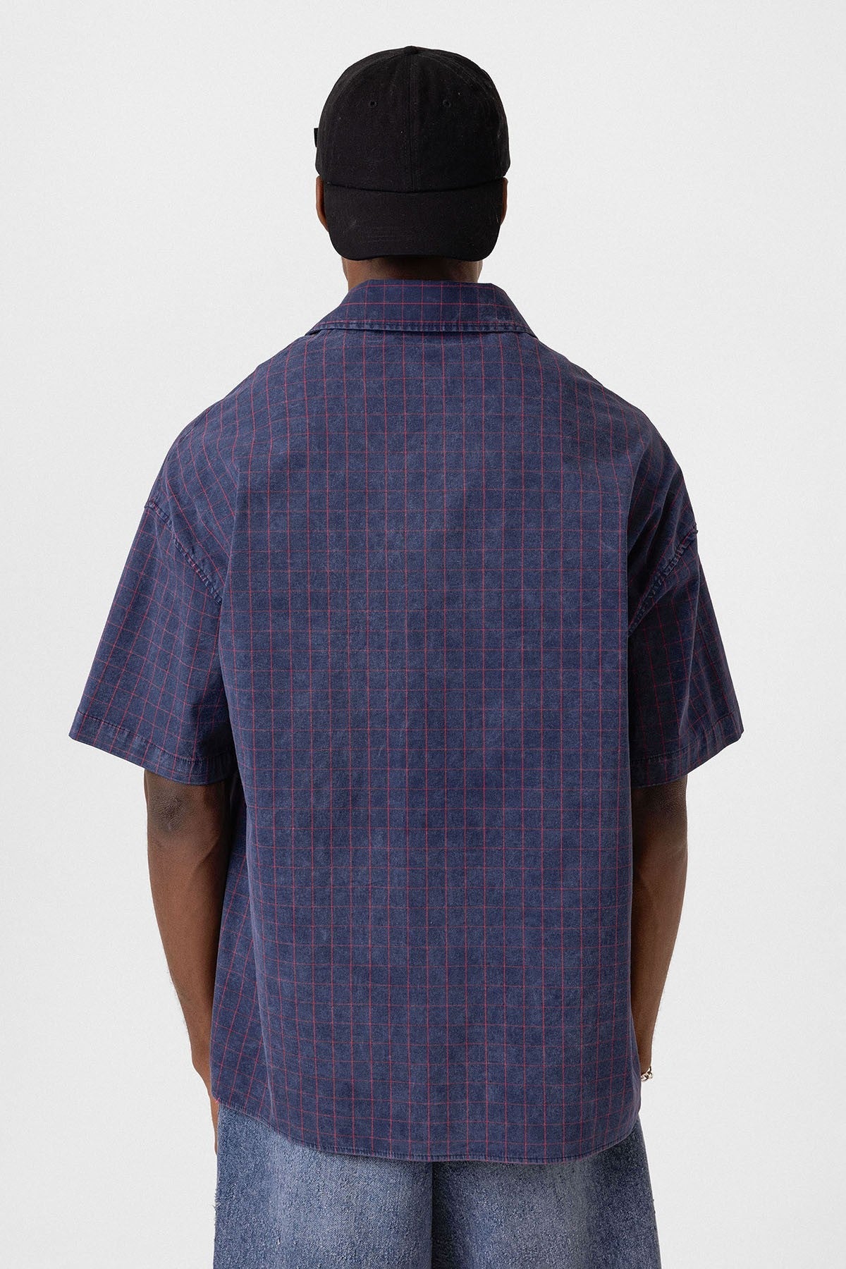 Oversized Short-Sleeve Checkered Shirt with Pockets