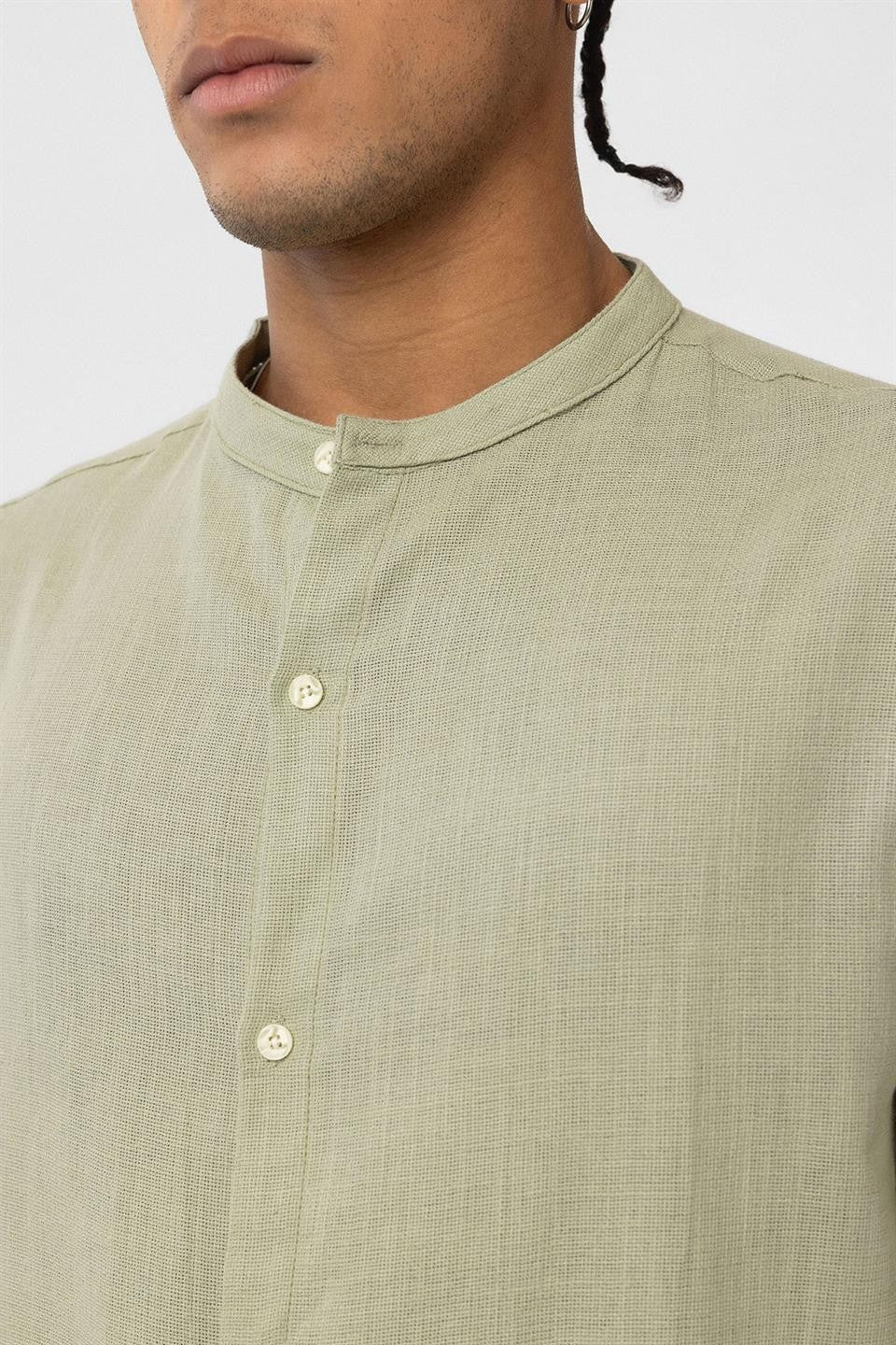 Oversized Long-Sleeved Cotton-Linen Shirt with a Stand-Up Collar