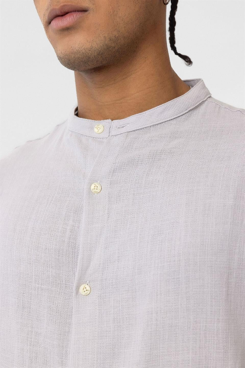 Oversized Long-Sleeved Cotton-Linen Shirt with a Stand-Up Collar