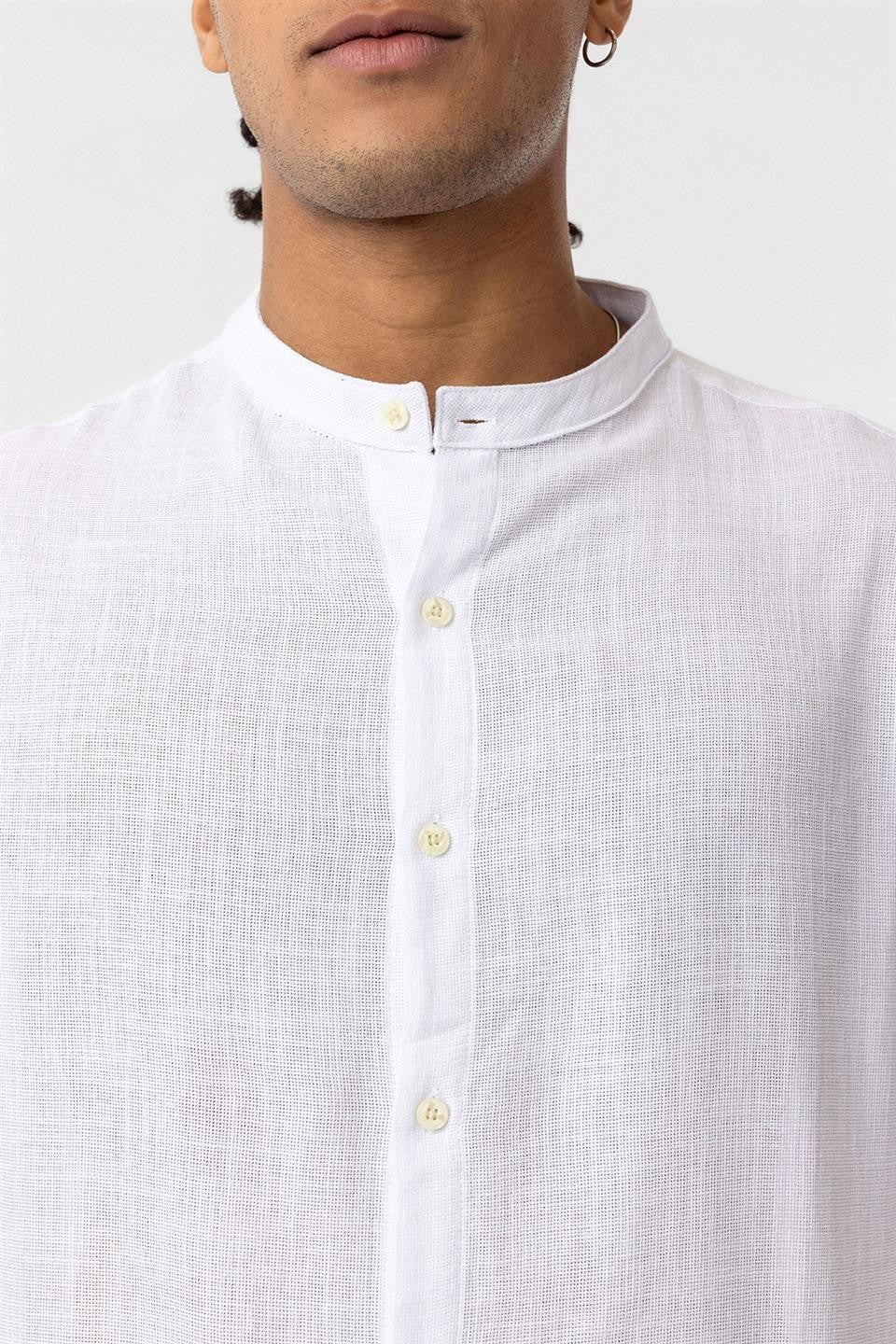Oversized Long-Sleeved Cotton-Linen Shirt with a Stand-Up Collar