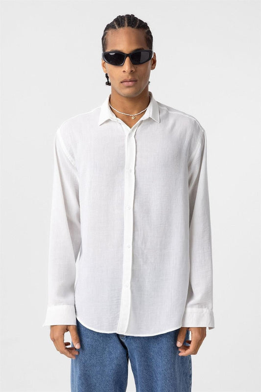 Basic Oversized Long-Sleeve Linen-Look Shirt