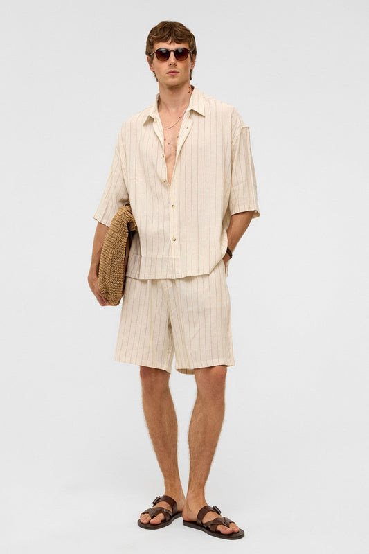 Oversized Striped Short-Sleeved Linen Shirt