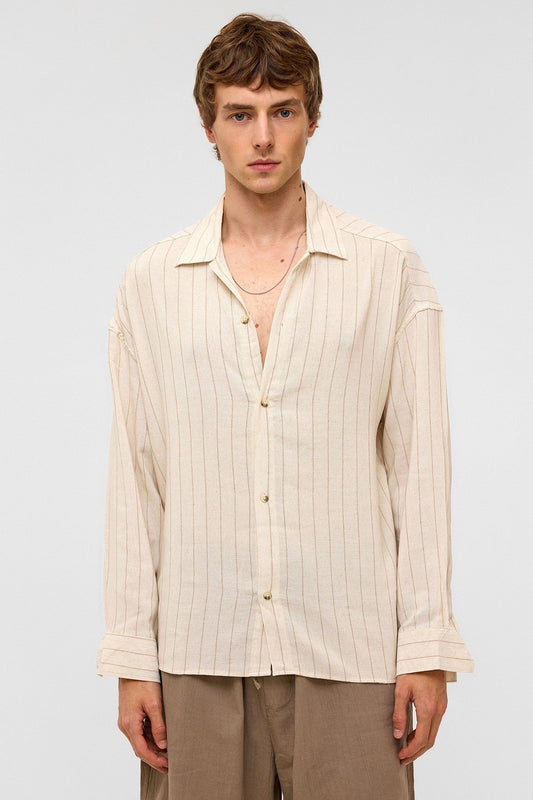 Oversized Long-Sleeved Striped Linen Shirt