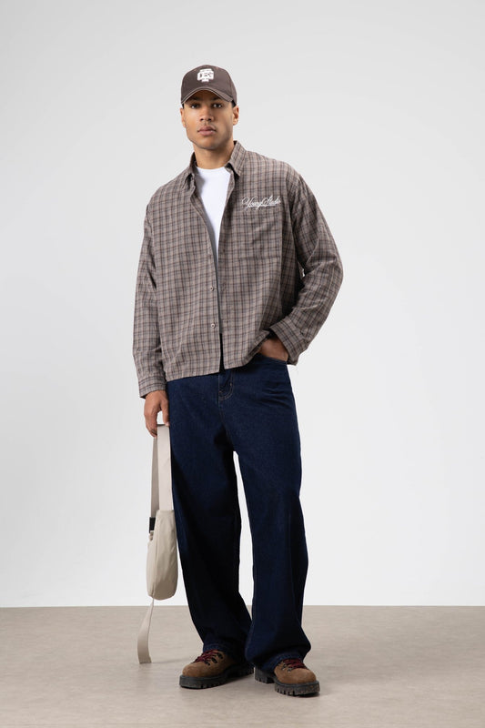 Oversized Checkered Long-Sleeve Shirt with Back Print