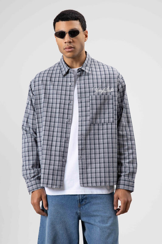 Oversized Checkered Long-Sleeve Shirt with Back Print