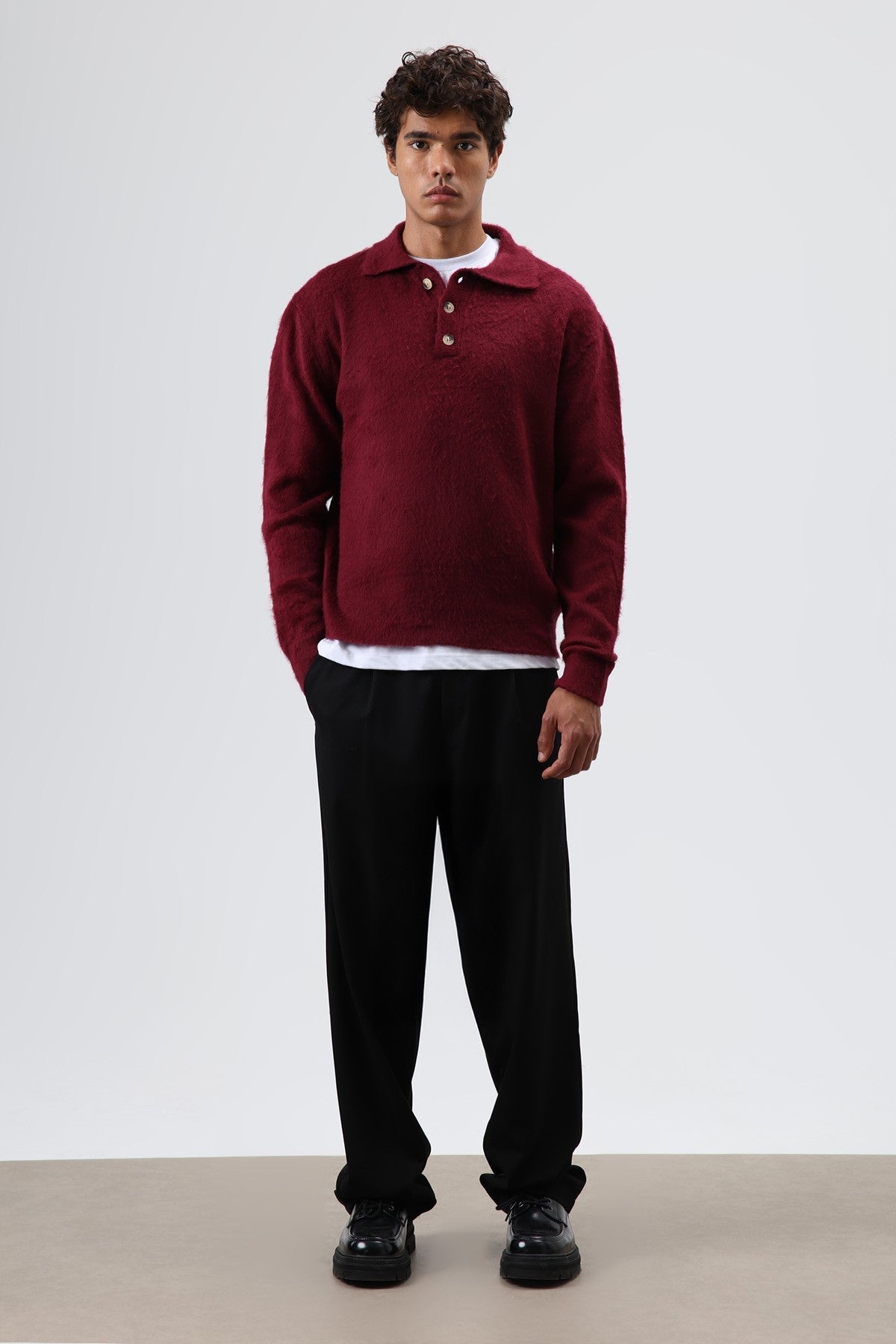 Polo Neck Soft-Textured Knit Sweater