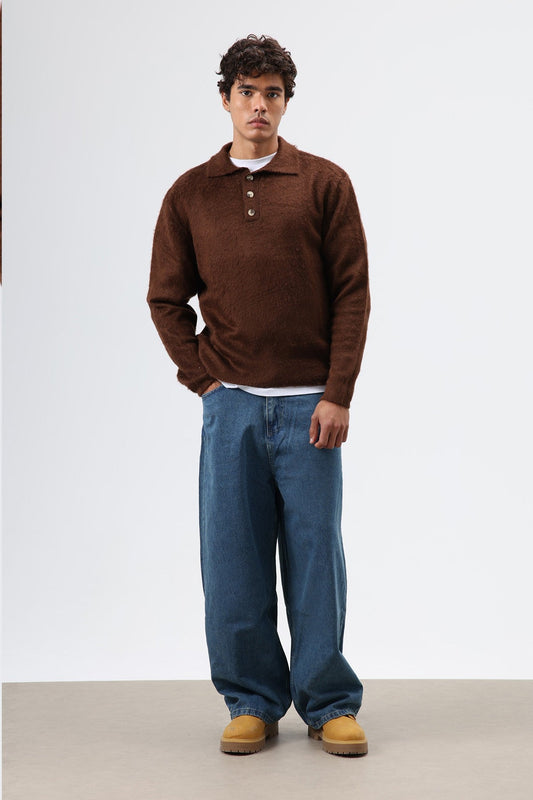 Polo Neck Soft-Textured Knit Sweater