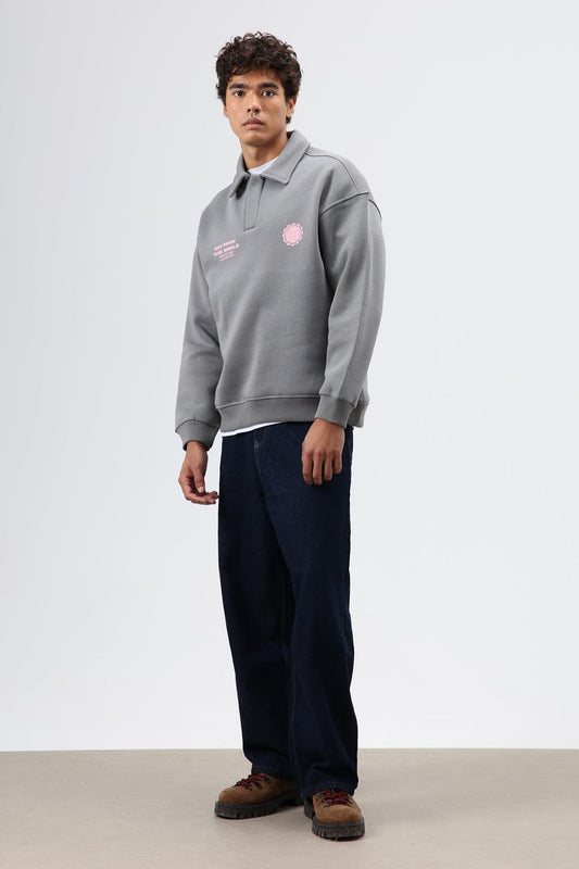 Oversized Printed Washed Sweatshirt with Polo Collar
