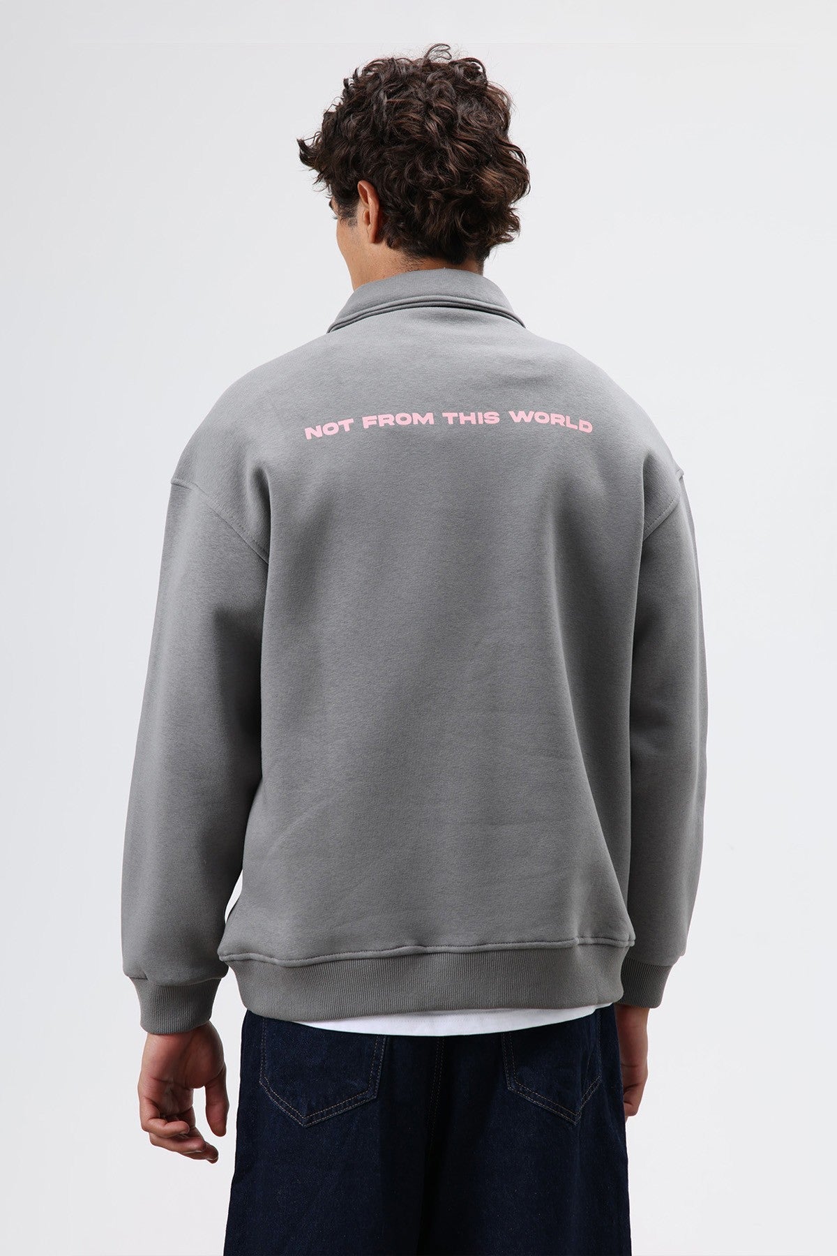 Oversized Printed Washed Sweatshirt with Polo Collar