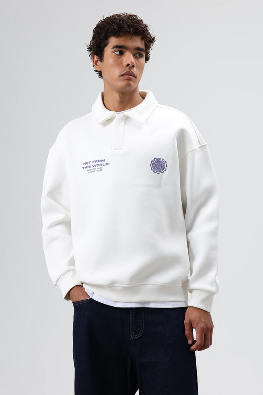 Oversized Printed Washed Sweatshirt with Polo Collar