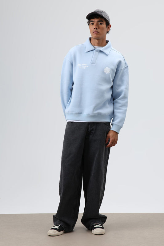 Oversized Printed Washed Sweatshirt with Polo Collar