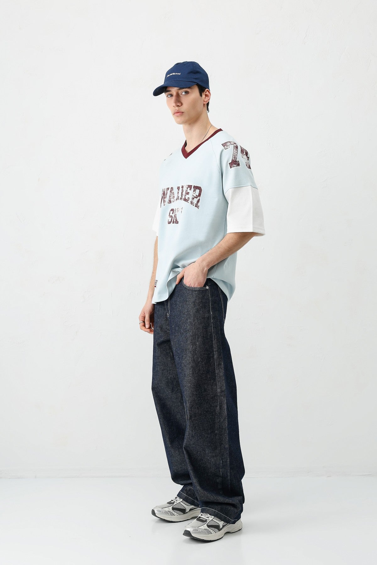 Oversized Ribbed V-Neck Printed T-Shirt