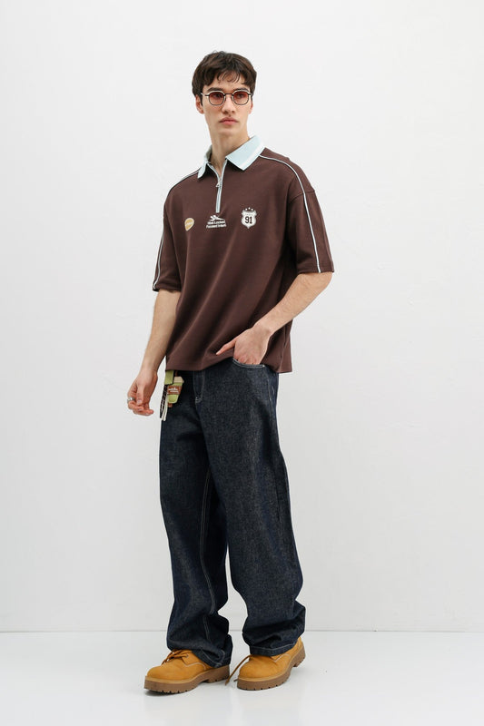Oversized T-Shirt with Zipper Collar and Print