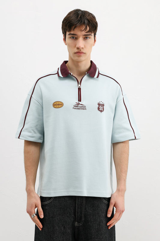 Oversized T-Shirt with Zipper Collar and Print