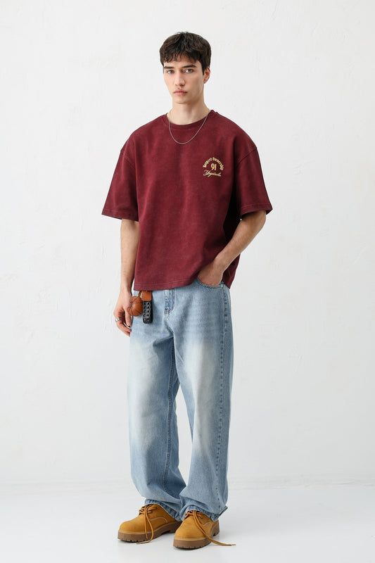 Short-Sleeved Boxy-Fit Printed T-Shirt, Burgundy