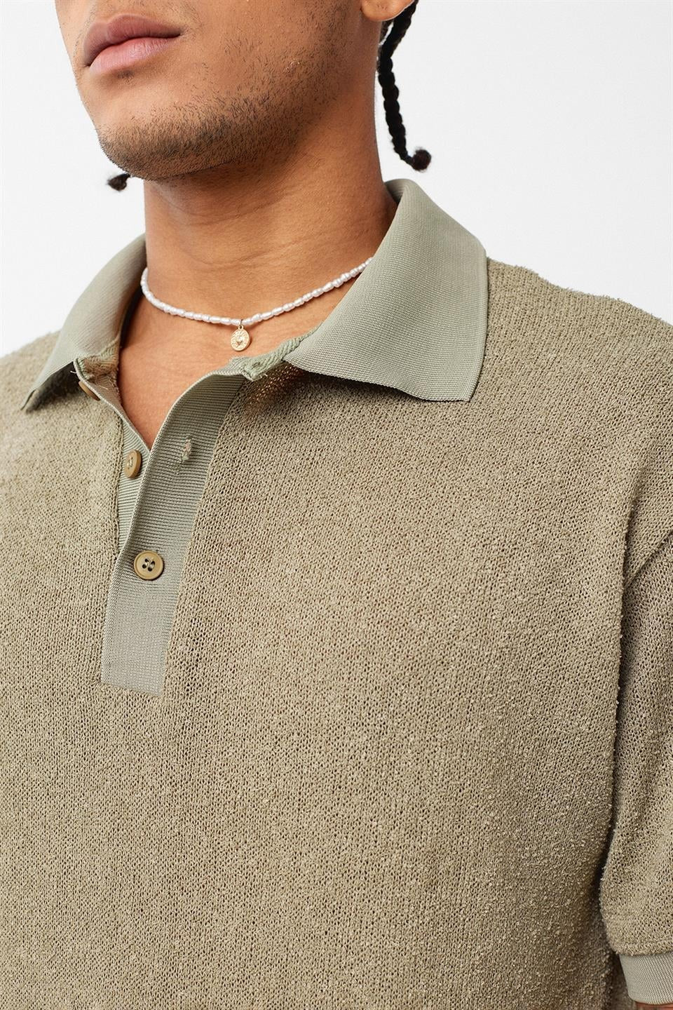 Oversized Polo-Neck Knit T-Shirt