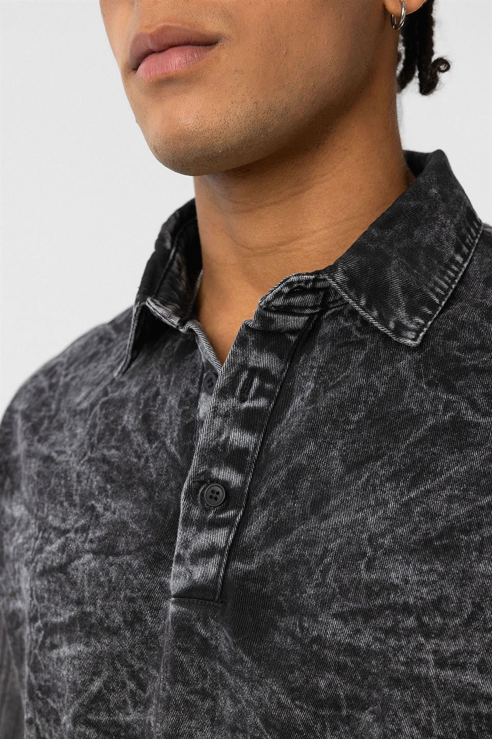 Pre-Washed Knit Oversized Polo-Neck T-Shirt, Black