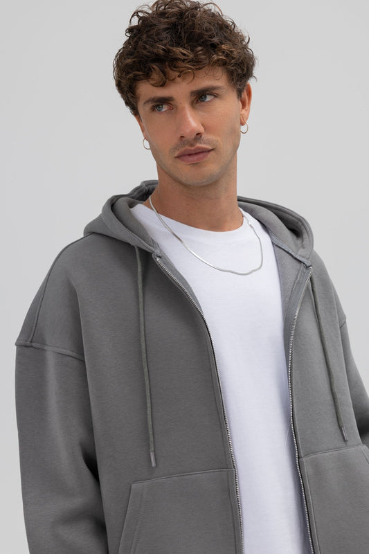 Basic Oversized Hooded Sweatshirt with Zipper