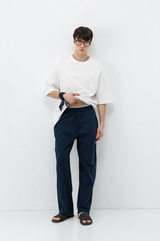 Baggy-Fit Linen Pants with Elastic Waistband
