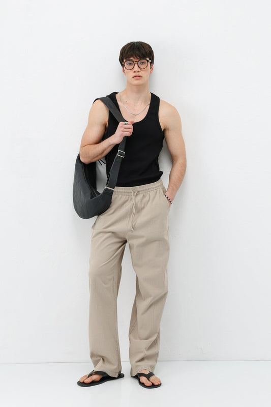 Baggy-Fit Linen Pants with Elastic Waistband