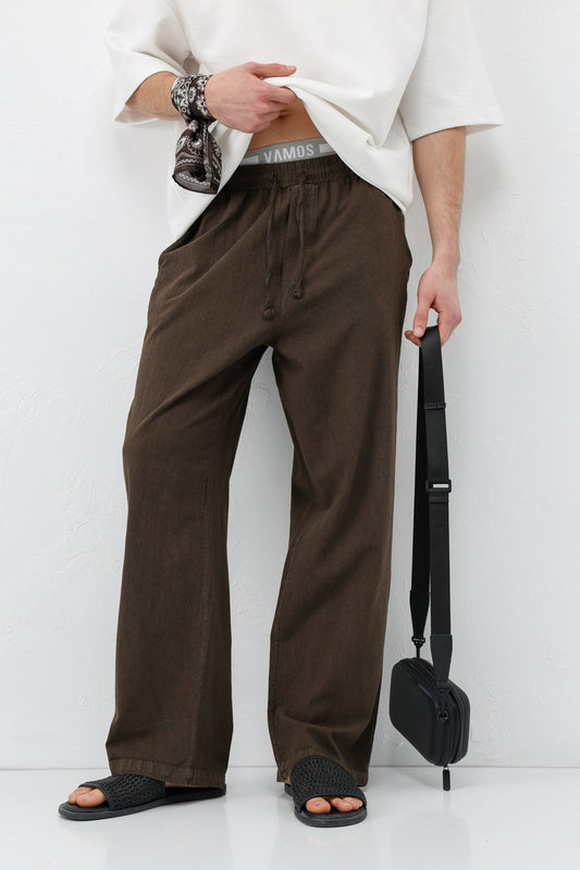 Baggy-Fit Linen Pants with Elastic Waistband