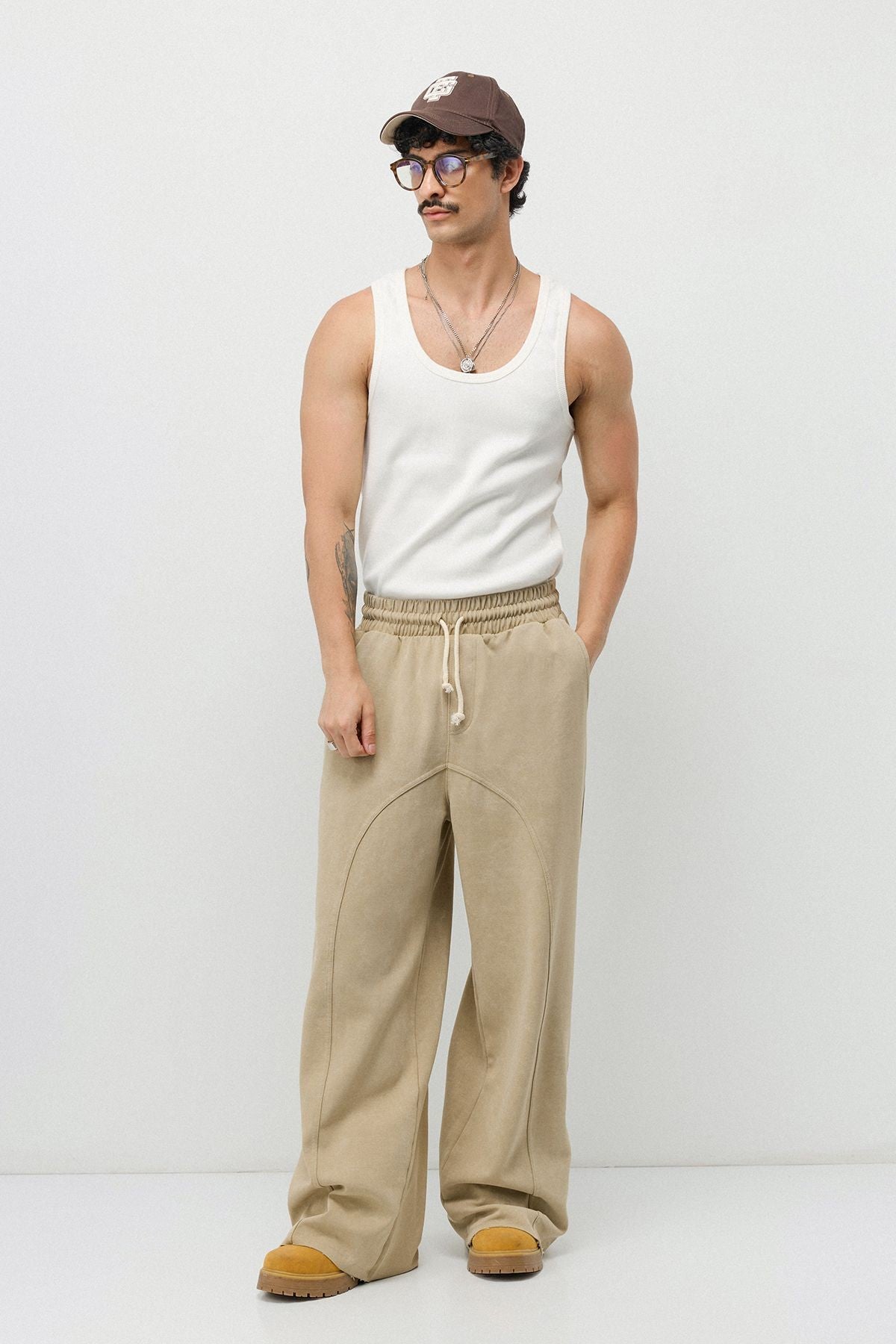 Baggy Sweatpants with Stitched Details, Machine Washable