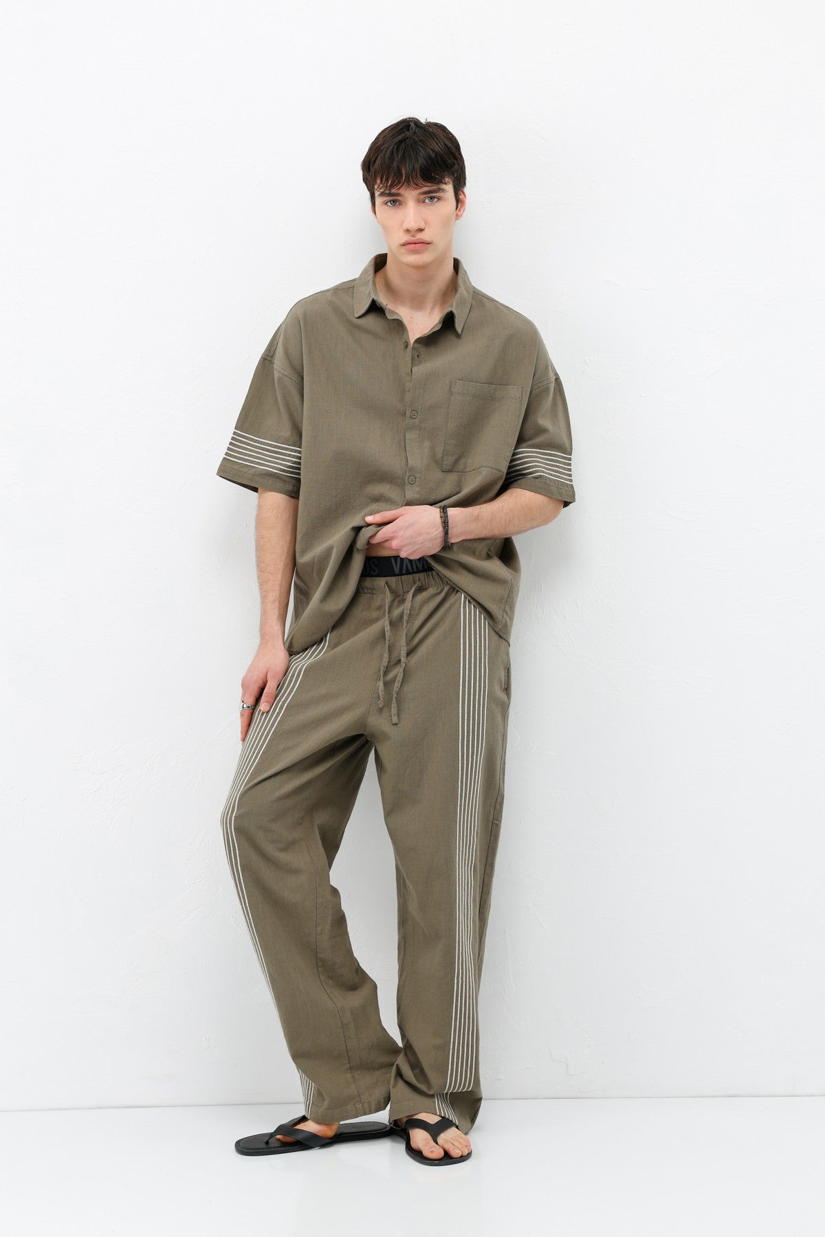 Oversized Linen Set with Striped Details