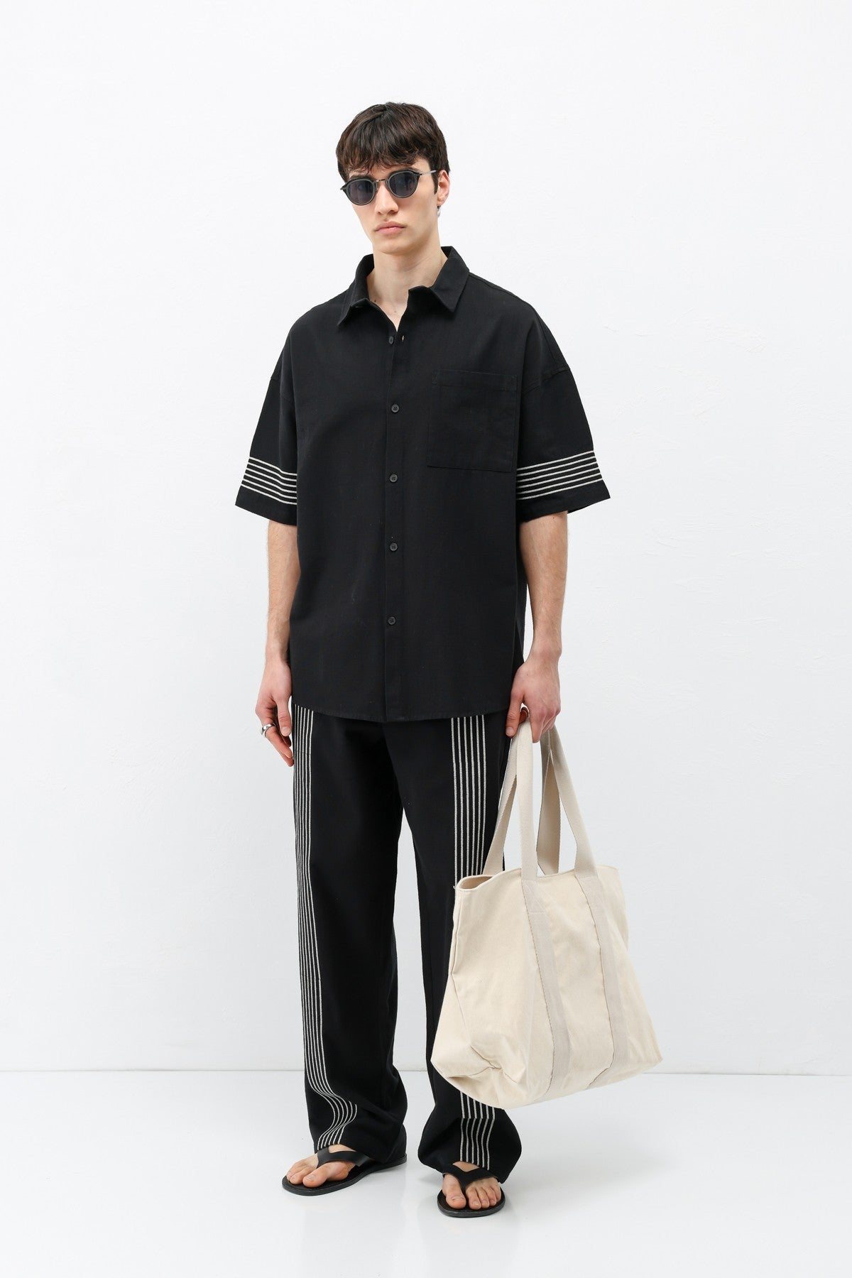 Oversized Linen Set with Striped Details