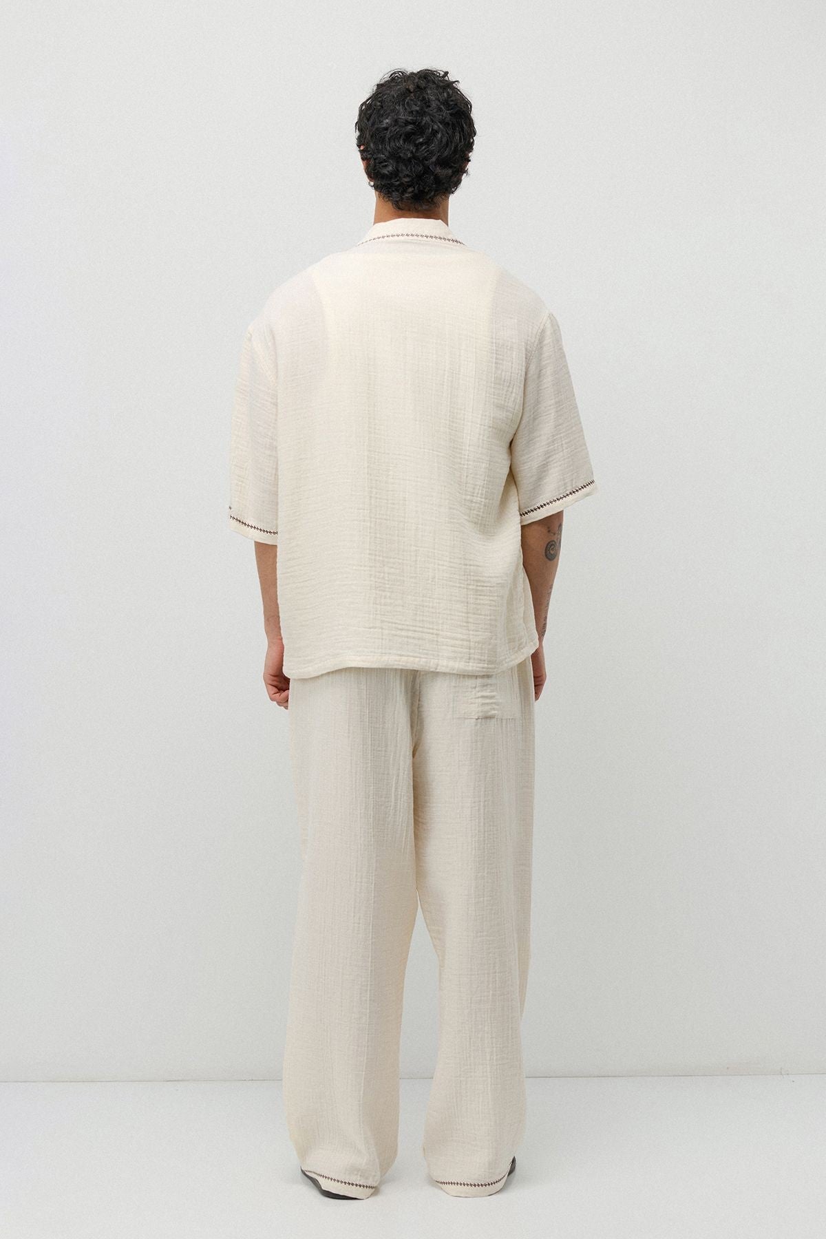Embroidered Muslin Shirt and Wide-Leg Pants Set