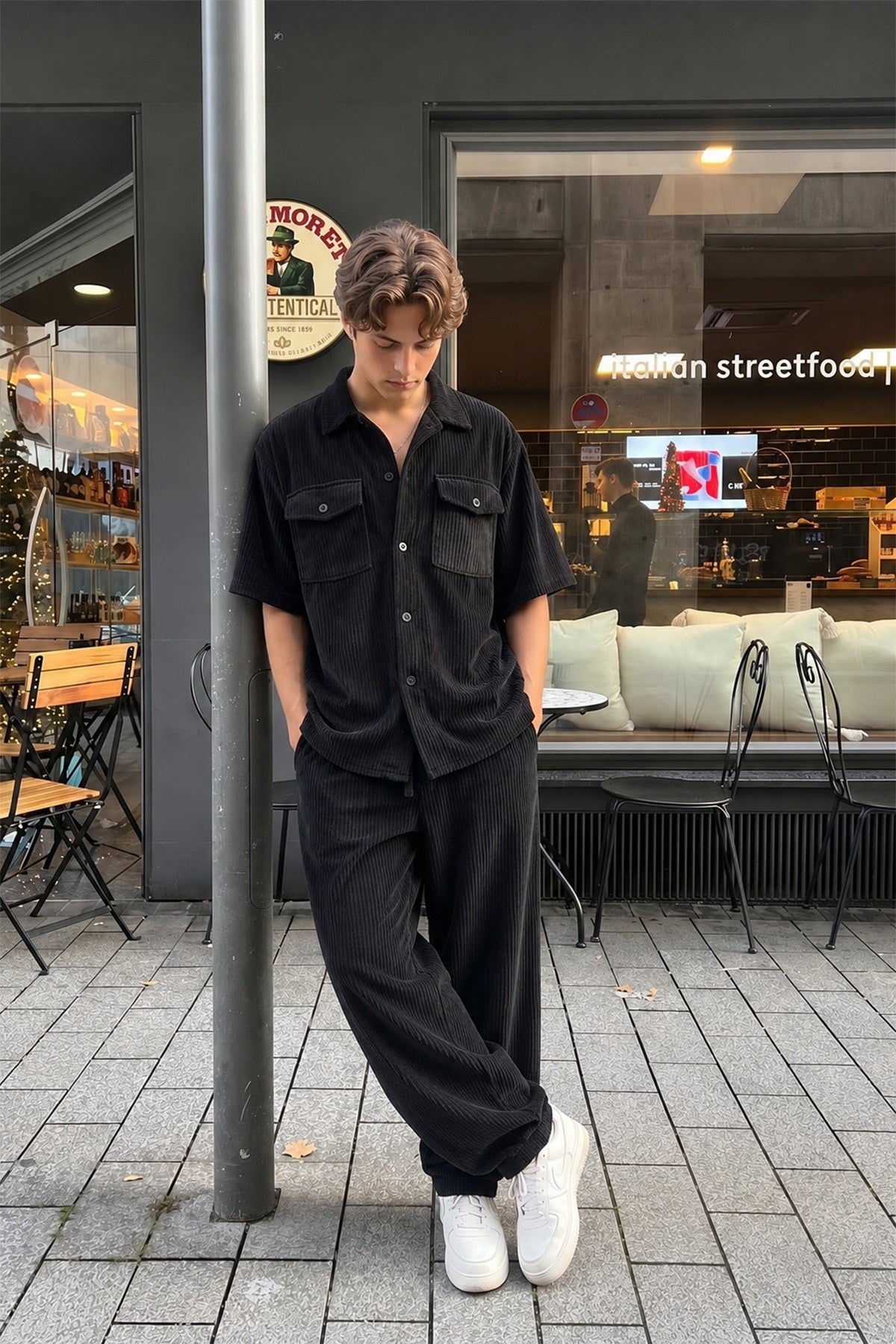 Short-Sleeved Velvet Shirt with Ribbed Cuffs