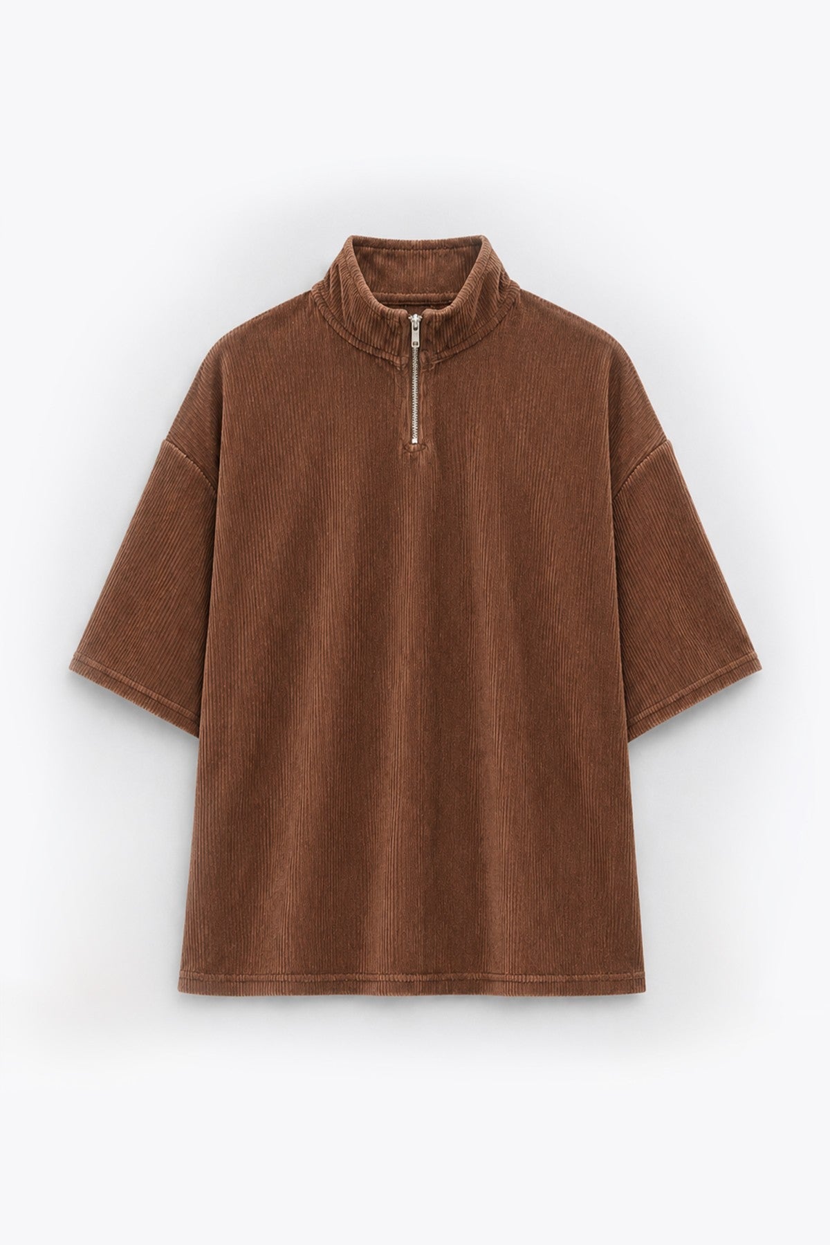 Oversized Ribbed T-Shirt with Half-Zip