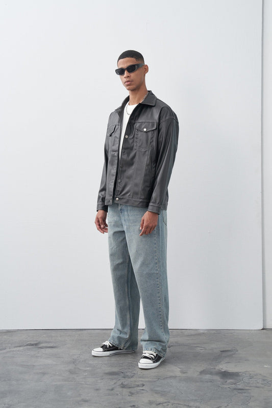Oversized Leather Jacket with Black Stitching Details