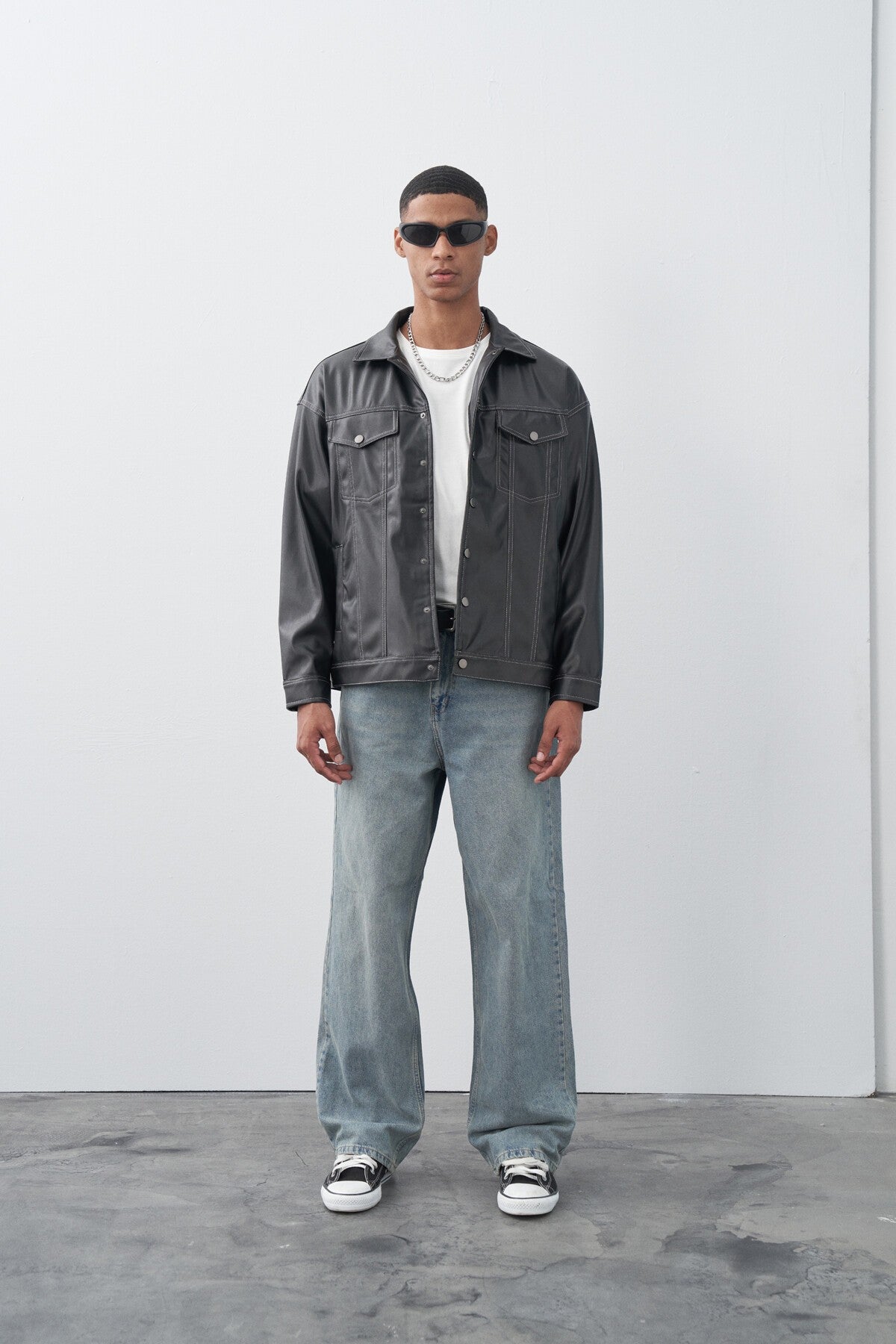 Oversized Leather Jacket with Black Stitching Details
