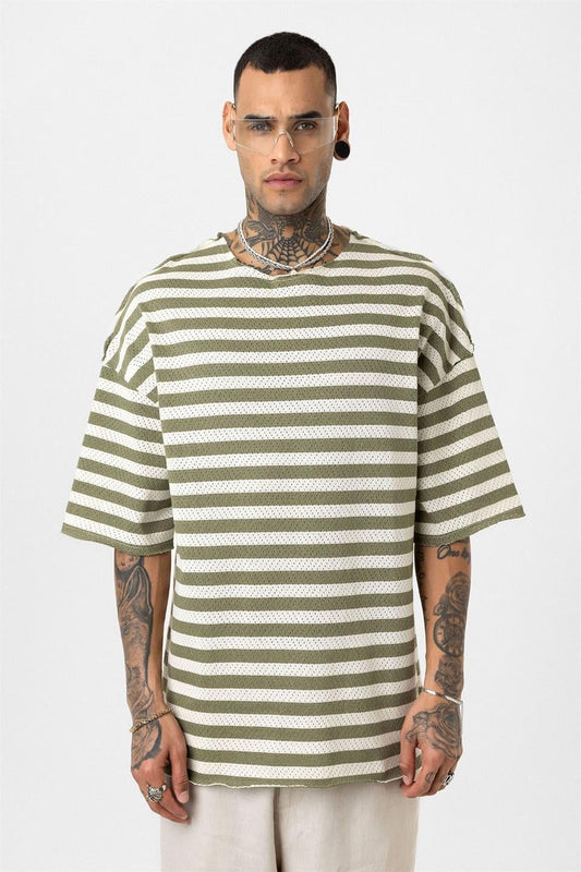 Striped Oversized Knit T-Shirt, Khaki