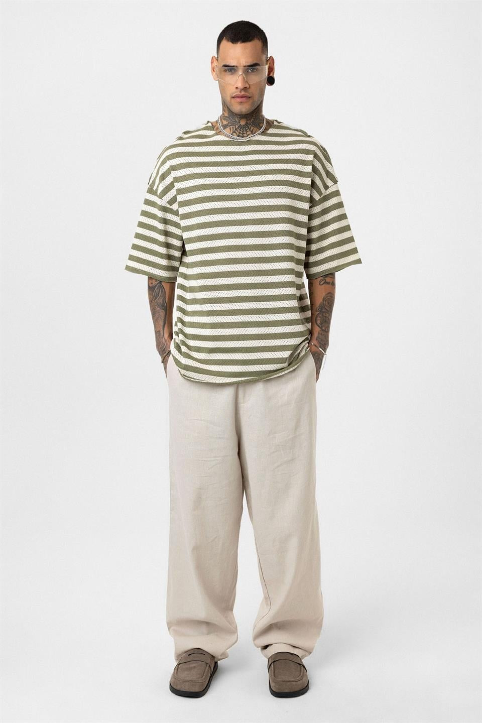 Striped Oversized Knit T-Shirt, Khaki