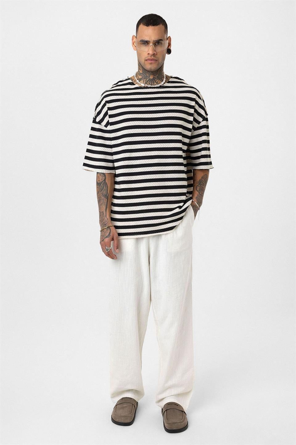 Striped Oversized Knit T-Shirt, Black
