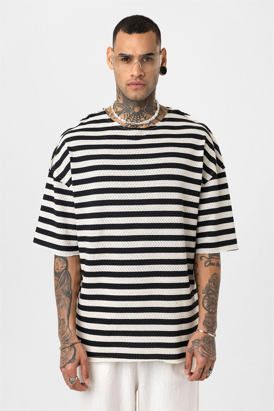 Striped Oversized Knit T-Shirt, Black
