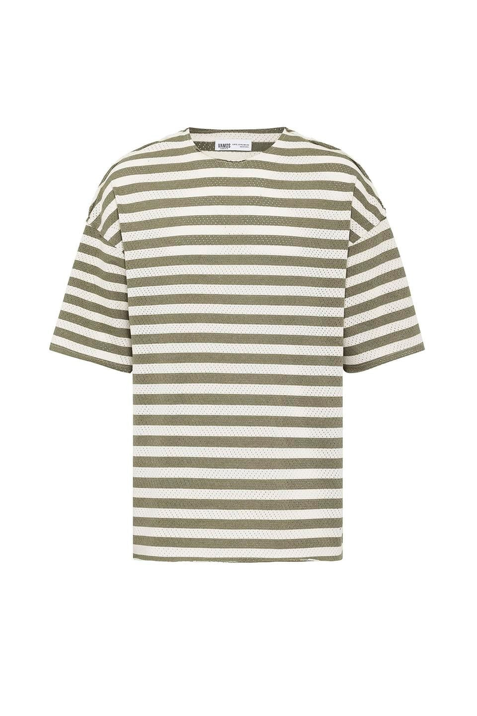 Striped Oversized Knit T-Shirt, Khaki