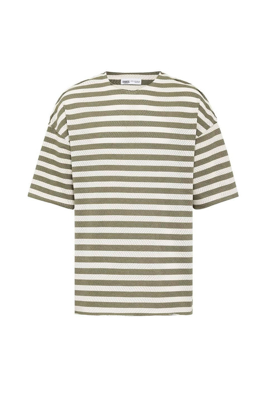 Striped Oversized Knit T-Shirt, Khaki