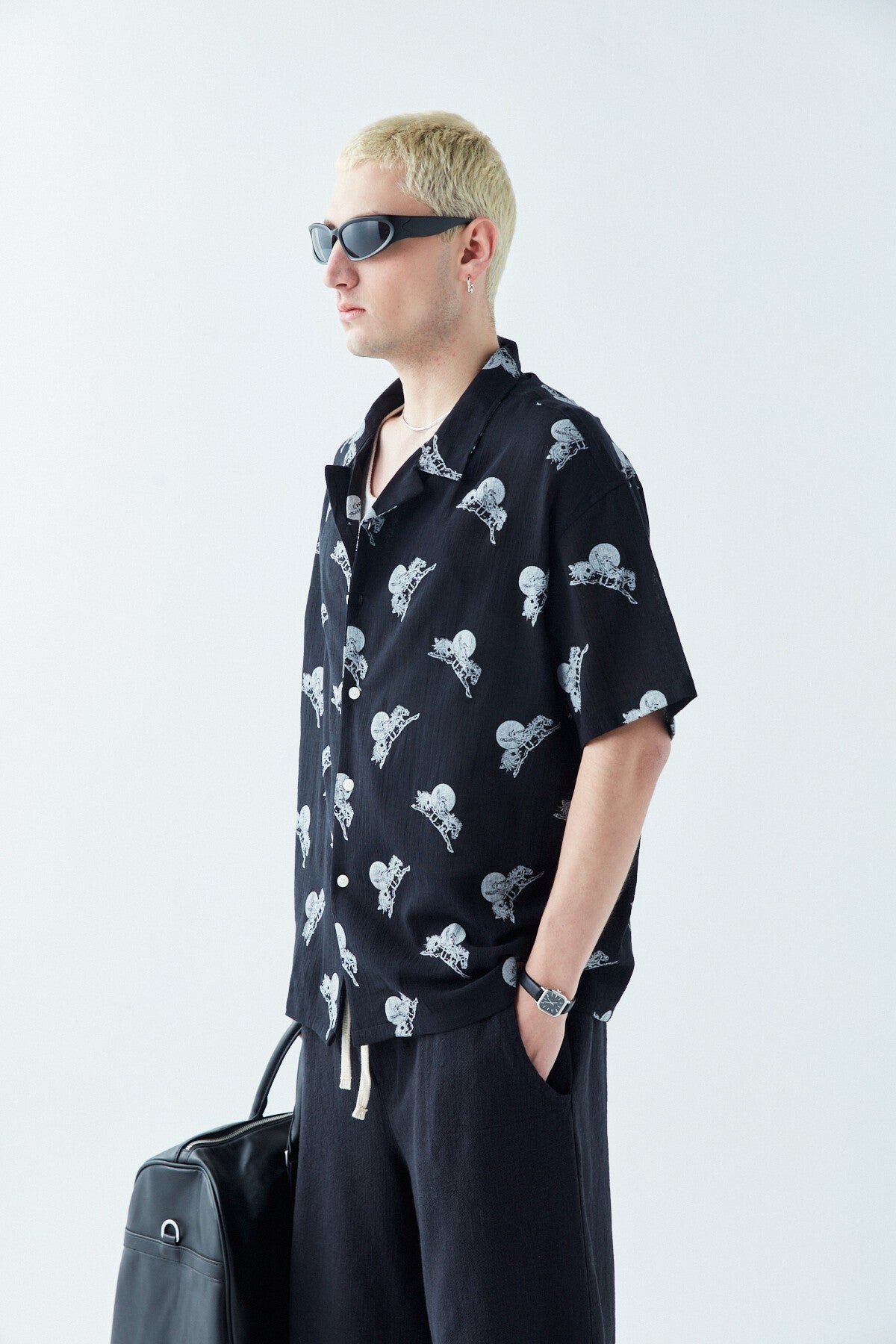 Patterned Short-Sleeve Oversized Shirt
