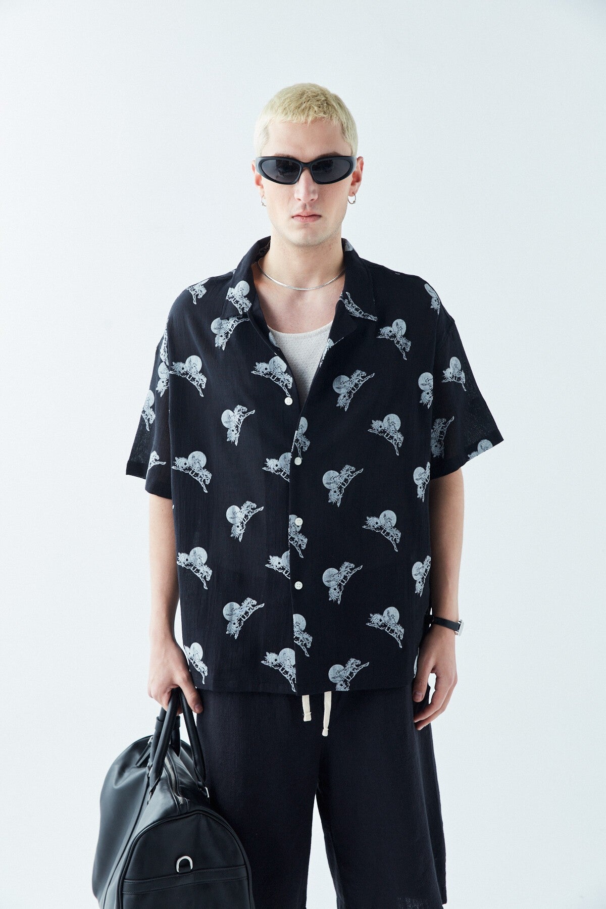 Patterned Short-Sleeve Oversized Shirt