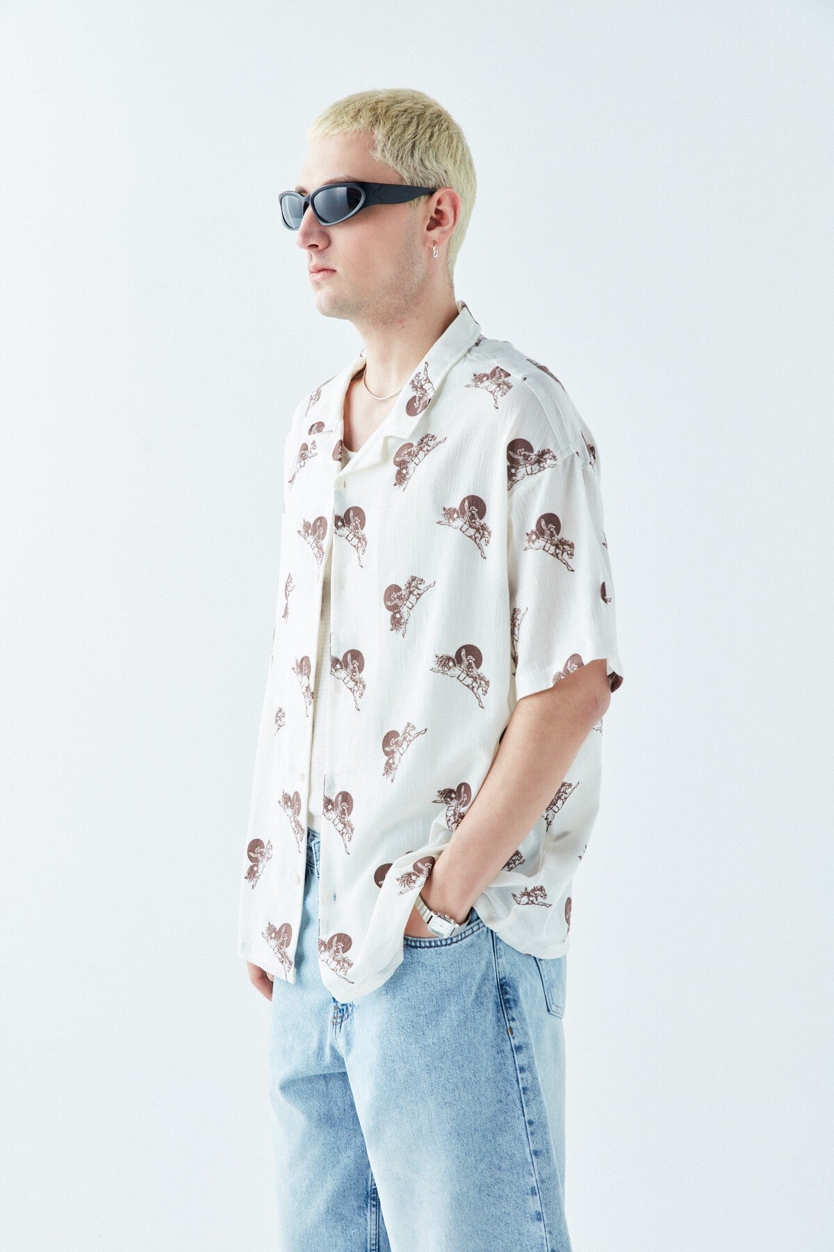 Patterned Short-Sleeve Oversized Shirt