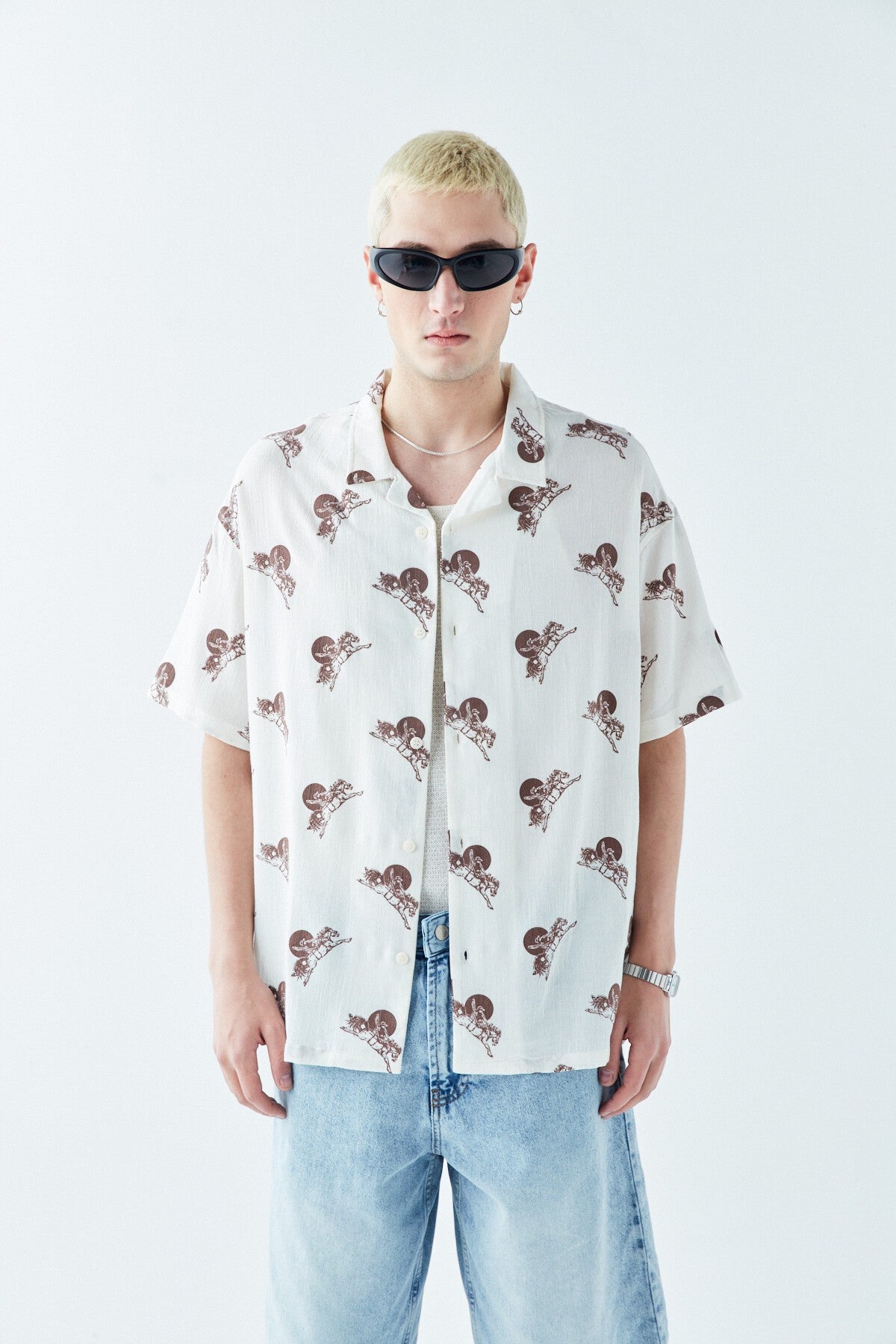 Patterned Short-Sleeve Oversized Shirt